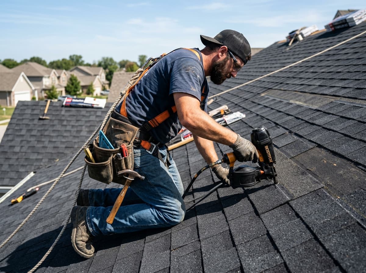 Tom Knotts and TK Roofing crew installing shingles on roof in Greenwood MO