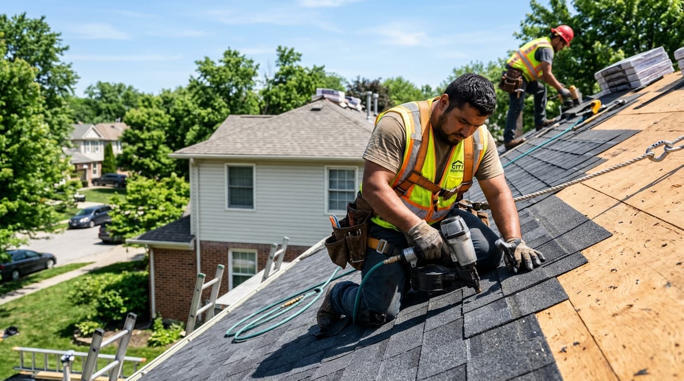 Roofing contractors working on residential roof in Greenwood MO